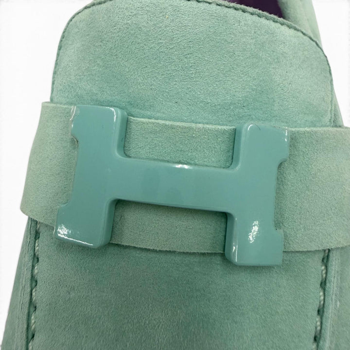 未使用品☆HERMES エルメス モカシンパリ Hロゴ スウェードレザー ローファー ブルーグリーン系 35 イタリア製 レディース 保存袋付き