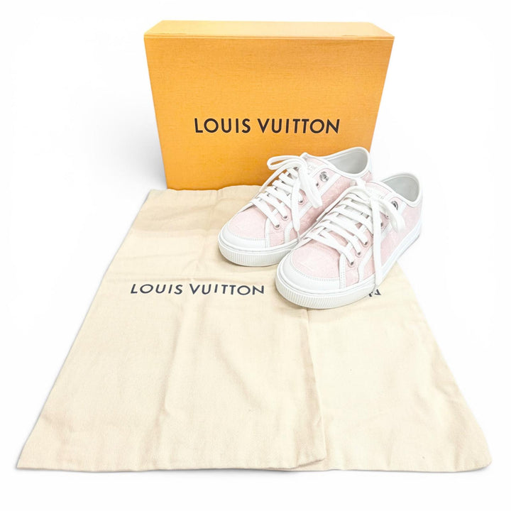 極美品△LOUIS VUITTON ルイヴィトン 2024年 1AGYFO LV ラグーン モノグラムデニム ローズ ローカットスニーカー ピンク 36 定価158400円