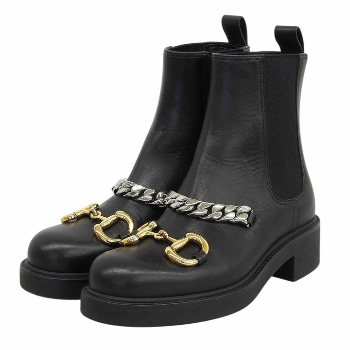 極美品▲GUCCI グッチ 670393 レザー ホースビット グルメットチェーン チェルシー ブーツ ブラック 35.5 イタリア製 レディース