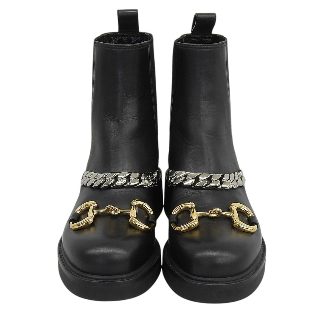 極美品▲GUCCI グッチ 670393 レザー ホースビット グルメットチェーン チェルシー ブーツ ブラック 35.5 イタリア製 レディース