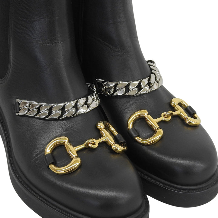 極美品▲GUCCI グッチ 670393 レザー ホースビット グルメットチェーン チェルシー ブーツ ブラック 35.5 イタリア製 レディース