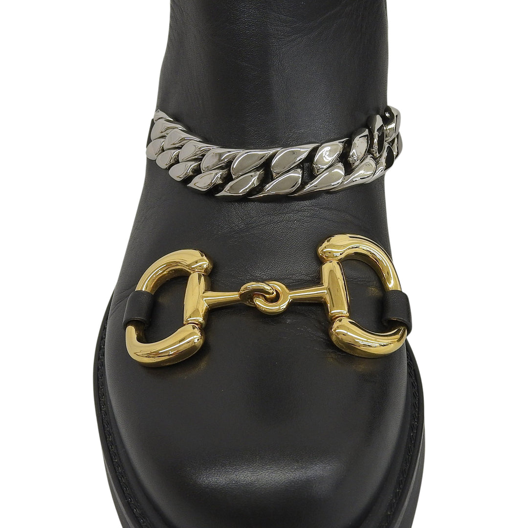 極美品▲GUCCI グッチ 670393 レザー ホースビット グルメットチェーン チェルシー ブーツ ブラック 35.5 イタリア製 レディース