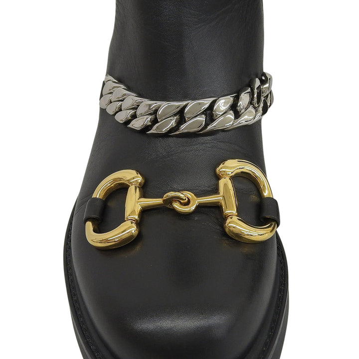 極美品▲GUCCI グッチ 670393 レザー ホースビット グルメットチェーン チェルシー ブーツ ブラック 35.5 イタリア製 レディース