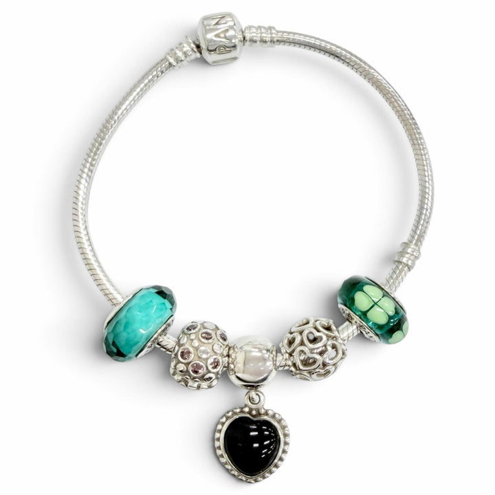 美品△PANDORA パンドラ 925 オニキス ハートクリップ ティール ファセット ムラーノ ガラス チャーム5個付き ブレスレット 重量33.75g