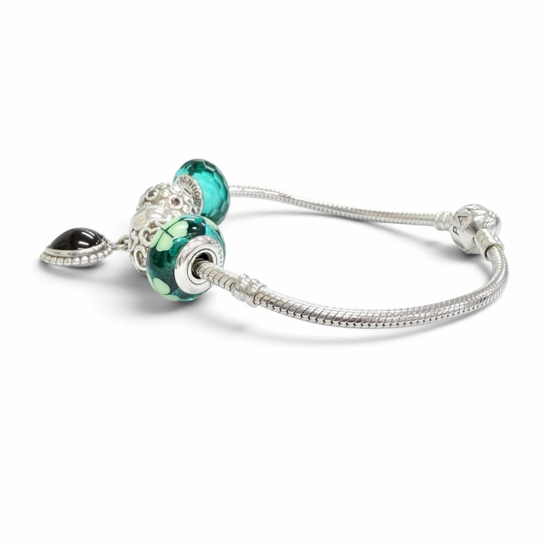 美品△PANDORA パンドラ 925 オニキス ハートクリップ ティール ファセット ムラーノ ガラス チャーム5個付き ブレスレット 重量33.75g