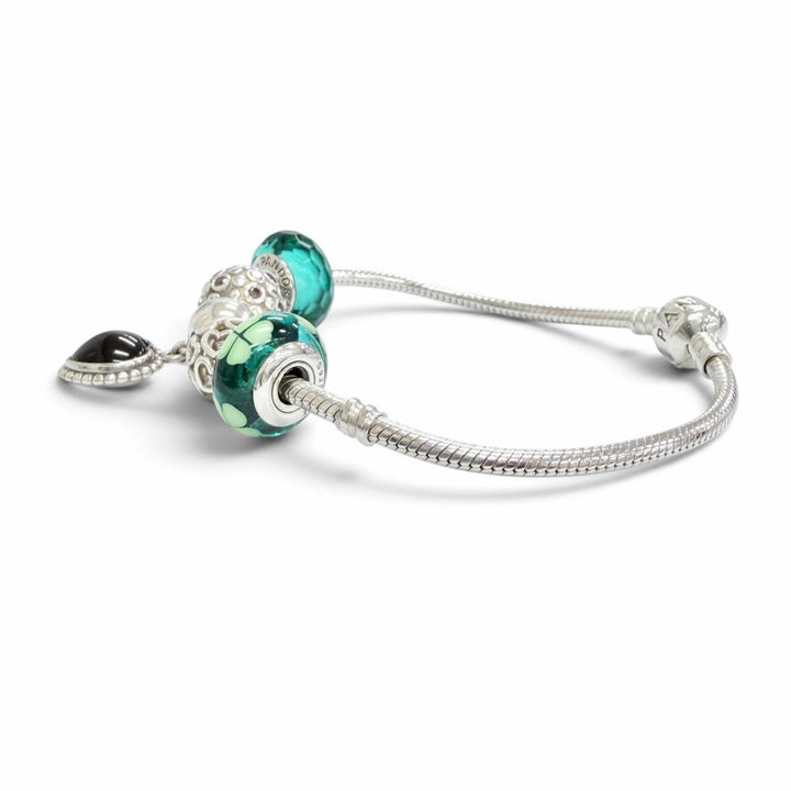 美品△PANDORA パンドラ 925 オニキス ハートクリップ ティール ファセット ムラーノ ガラス チャーム5個付き ブレスレット 重量33.75g