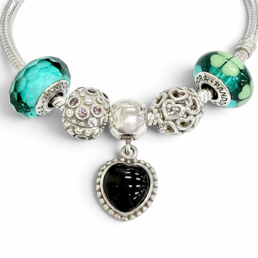 美品△PANDORA パンドラ 925 オニキス ハートクリップ ティール ファセット ムラーノ ガラス チャーム5個付き ブレスレット 重量33.75g