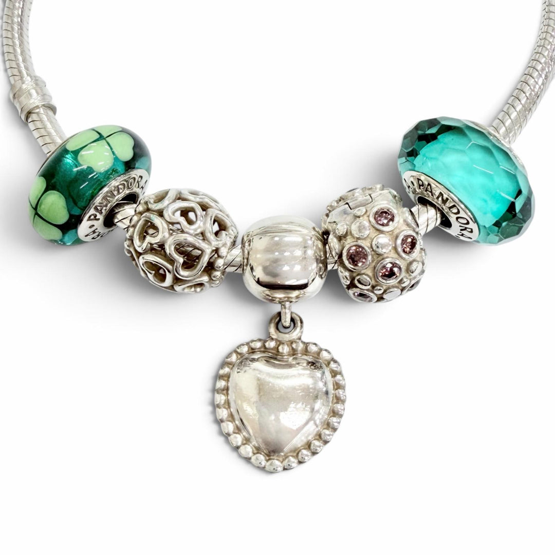 美品△PANDORA パンドラ 925 オニキス ハートクリップ ティール ファセット ムラーノ ガラス チャーム5個付き ブレスレット 重量33.75g