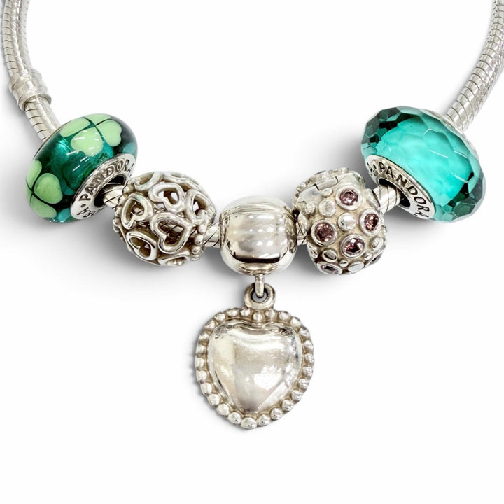 美品△PANDORA パンドラ 925 オニキス ハートクリップ ティール ファセット ムラーノ ガラス チャーム5個付き ブレスレット 重量33.75g