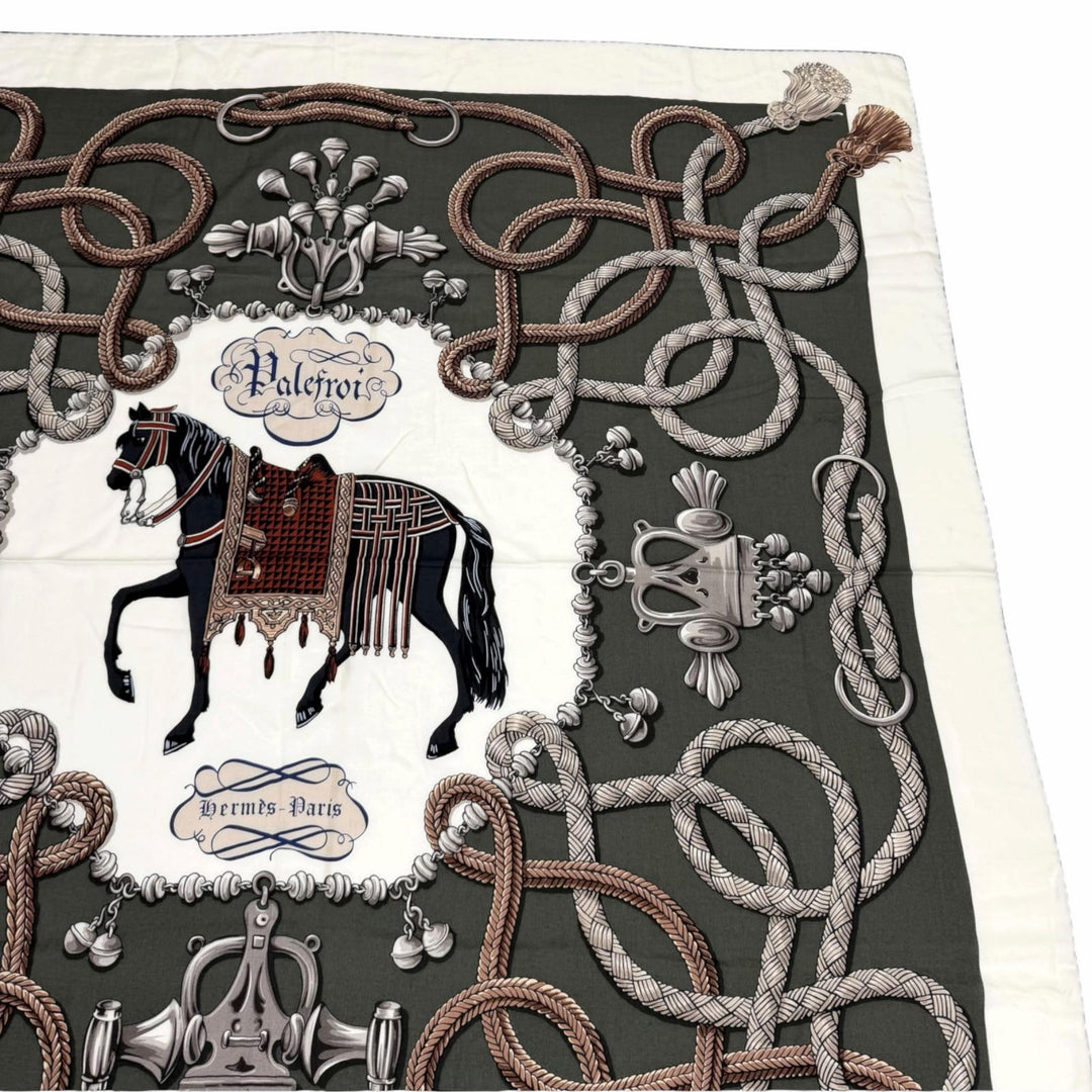 未使用品★HERMES エルメス 2025年製 カレジェアン 140 パルフロワ カシミヤ シルク混 SC/BLANC/LODEN/GRIS 大判 スカーフ 仏製 箱付き