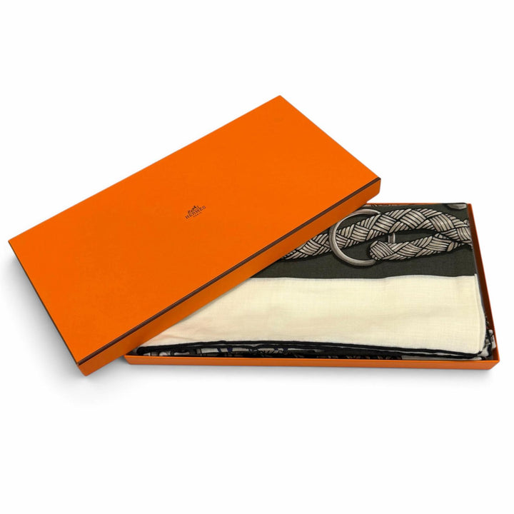 未使用品★HERMES エルメス 2025年製 カレジェアン 140 パルフロワ カシミヤ シルク混 SC/BLANC/LODEN/GRIS 大判 スカーフ 仏製 箱付き