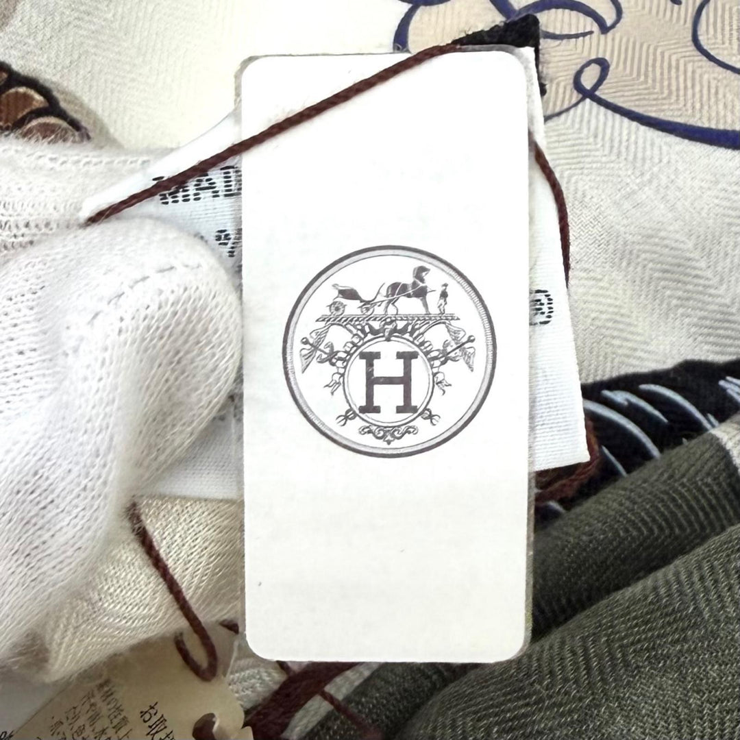 未使用品★HERMES エルメス 2025年製 カレジェアン 140 パルフロワ カシミヤ シルク混 SC/BLANC/LODEN/GRIS 大判 スカーフ 仏製 箱付き