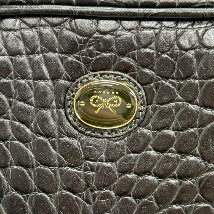 極美品△Anya Hindmarch アニヤ ハインドマーチ 2111045 クロコエンボス 2WAY レザー ボストンバッグ ショルダーバッグ ダークグリーン