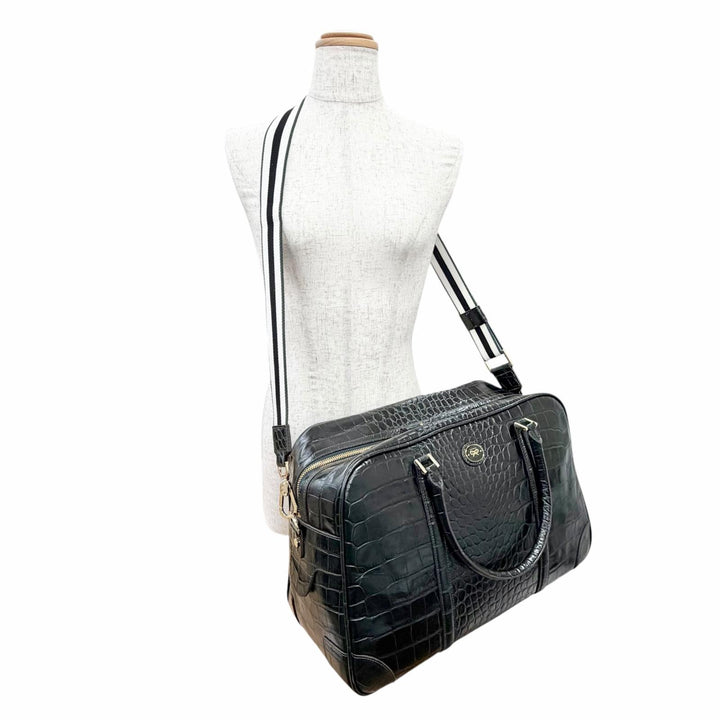極美品△Anya Hindmarch アニヤ ハインドマーチ 2111045 クロコエンボス 2WAY レザー ボストンバッグ ショルダーバッグ ダークグリーン