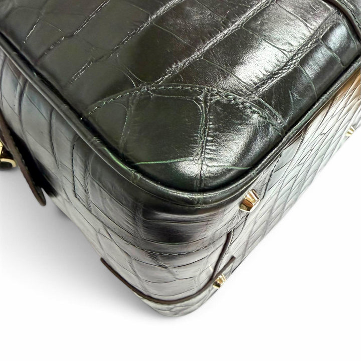 極美品△Anya Hindmarch アニヤ ハインドマーチ 2111045 クロコエンボス 2WAY レザー ボストンバッグ ショルダーバッグ ダークグリーン