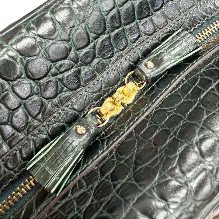 極美品△Anya Hindmarch アニヤ ハインドマーチ 2111045 クロコエンボス 2WAY レザー ボストンバッグ ショルダーバッグ ダークグリーン