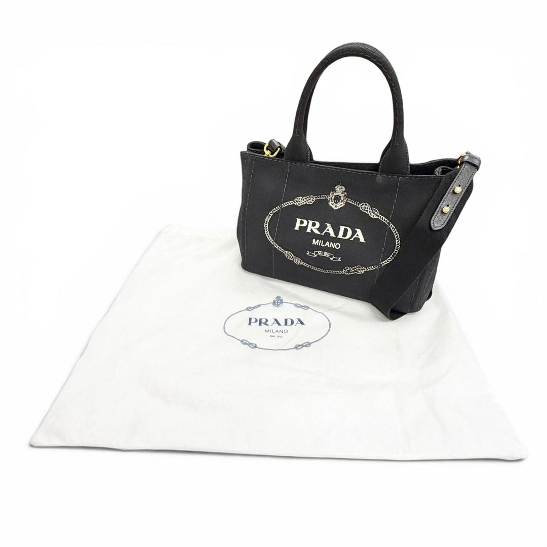 美品△PRADA プラダ 1BG439 カナパ キャンバス レザー トライアングルロゴ 2WAY ショルダー トートバッグ ブラック ゴールド金具 袋付き