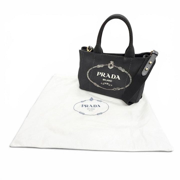 美品△PRADA プラダ 1BG439 カナパ キャンバス レザー トライアングルロゴ 2WAY ショルダー トートバッグ ブラック ゴールド金具 袋付き