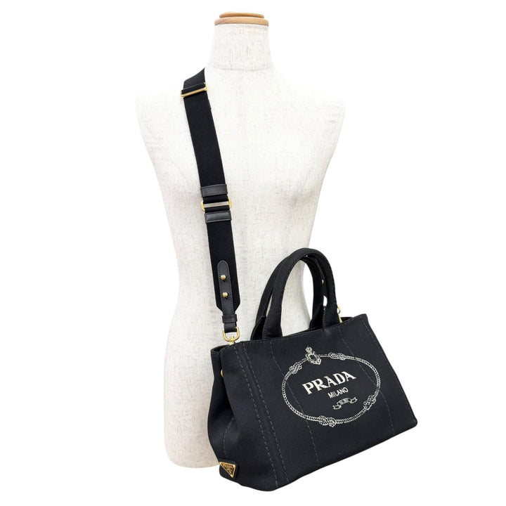 美品△PRADA プラダ 1BG439 カナパ キャンバス レザー トライアングルロゴ 2WAY ショルダー トートバッグ ブラック ゴールド金具 袋付き