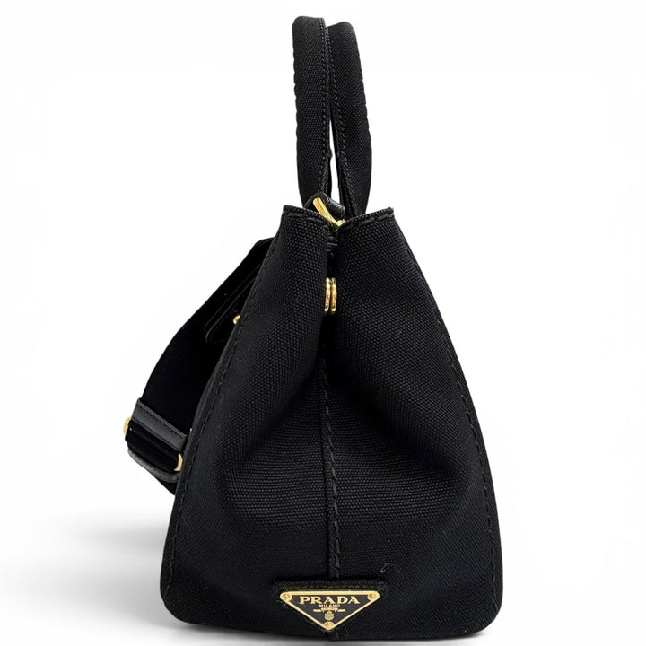美品△PRADA プラダ 1BG439 カナパ キャンバス レザー トライアングルロゴ 2WAY ショルダー トートバッグ ブラック ゴールド金具 袋付き
