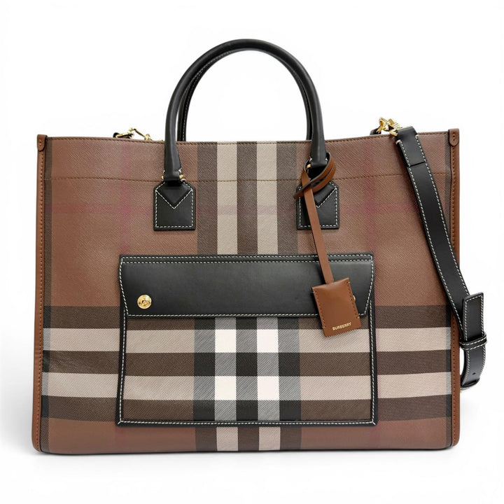 極美品△BURBERRY バーバリー 8069660 ミディアム フレヤトート ヴィンテージチェック 2WAY トートバッグ ショルダーバッグ ブラウン