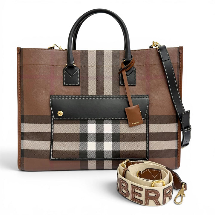 極美品△BURBERRY バーバリー 8069660 ミディアム フレヤトート ヴィンテージチェック 2WAY トートバッグ ショルダーバッグ ブラウン