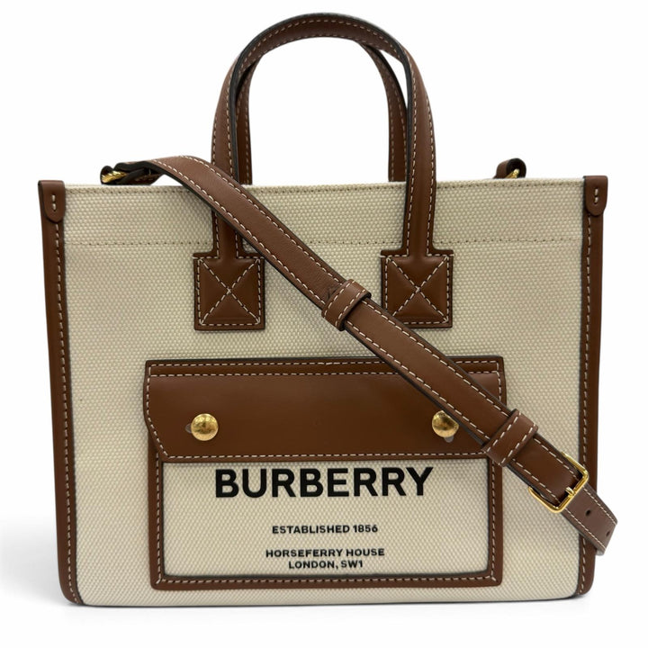 極美品☆BURBERRY バーバリー ミニ フレヤ キャンバス レザー使い 2way トートバッグ ショルダーバッグ アイボリー ブラウン 保存袋付き