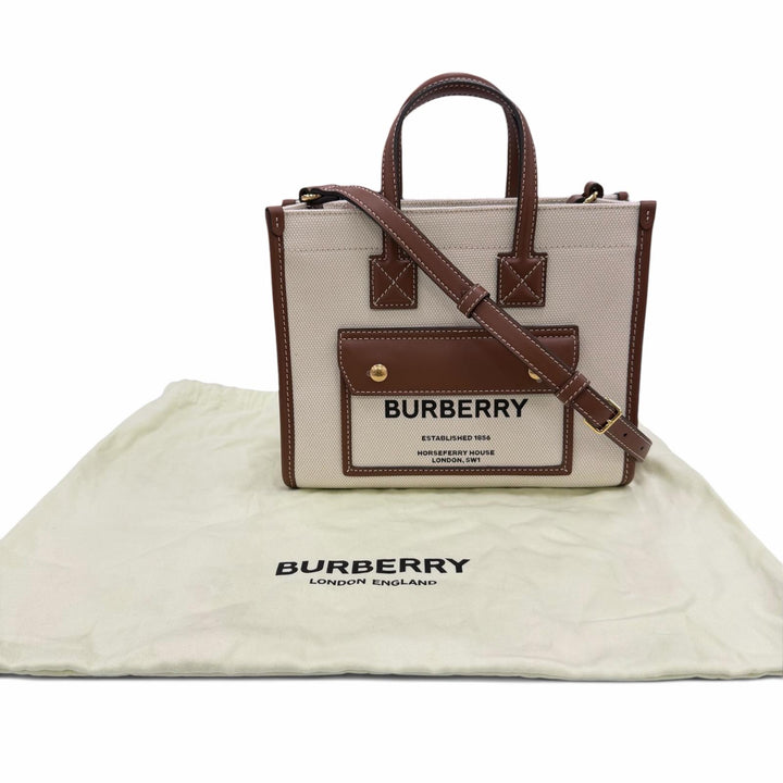極美品☆BURBERRY バーバリー ミニ フレヤ キャンバス レザー使い 2way トートバッグ ショルダーバッグ アイボリー ブラウン 保存袋付き