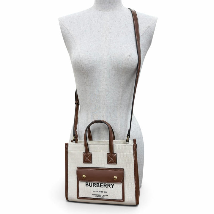 極美品☆BURBERRY バーバリー ミニ フレヤ キャンバス レザー使い 2way トートバッグ ショルダーバッグ アイボリー ブラウン 保存袋付き