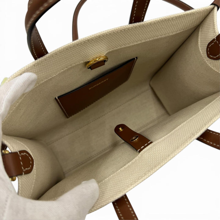極美品☆BURBERRY バーバリー ミニ フレヤ キャンバス レザー使い 2way トートバッグ ショルダーバッグ アイボリー ブラウン 保存袋付き