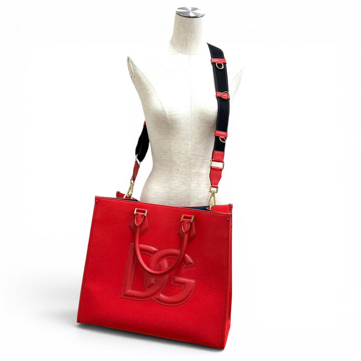 極美品★DOLCE&amp;GABBANA ドルチェ＆ガッバーナ DGロゴ レザー使い 2WAY 大型 キャンバス トートバッグ レッド イタリア製 レディース