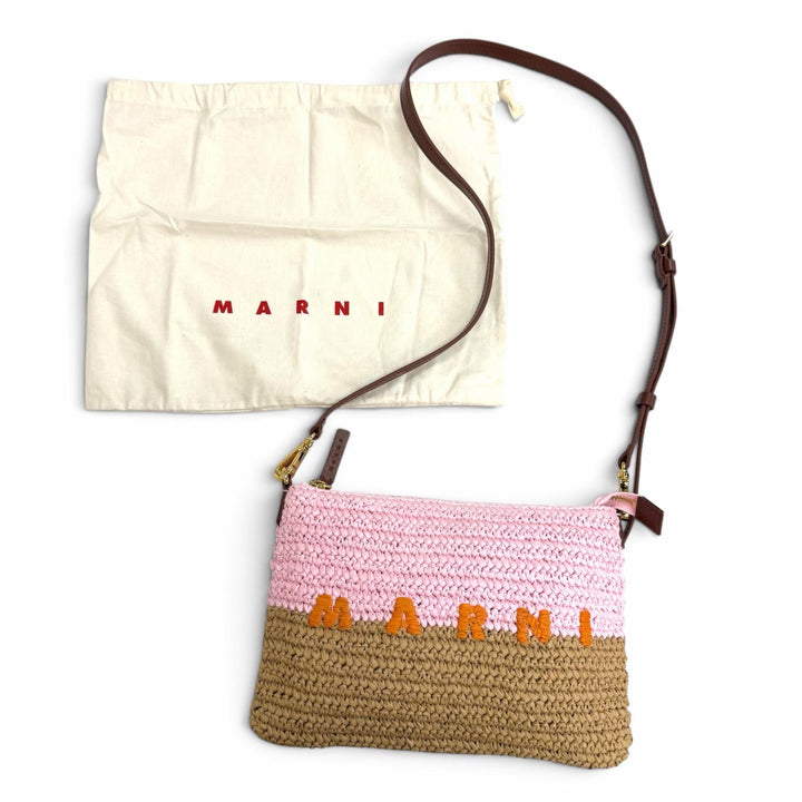 極美品△MARNI マルニ PHM00046U0 P9110 シーサイド ラフィア レザー使い バイカラー サコッシュ ショルダーバッグ ピンク ナチュラル