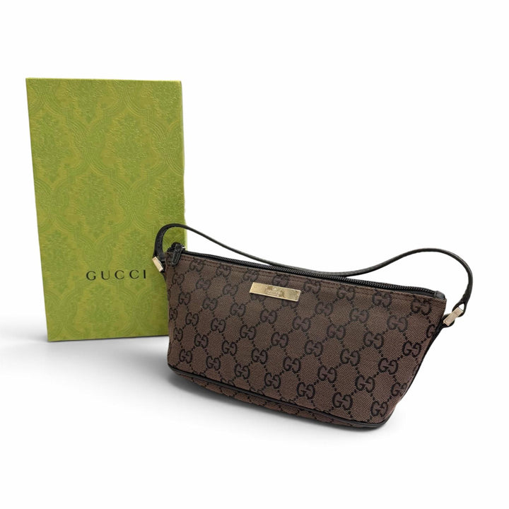 極美品△GUCCI グッチ ヴィンテージ 039 1103 GGキャンバス レザー ロゴプレート アクセサリー ポーチ ダークブラウン シルバー金具 伊製