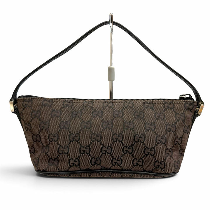 極美品△GUCCI グッチ ヴィンテージ 039 1103 GGキャンバス レザー ロゴプレート アクセサリー ポーチ ダークブラウン シルバー金具 伊製