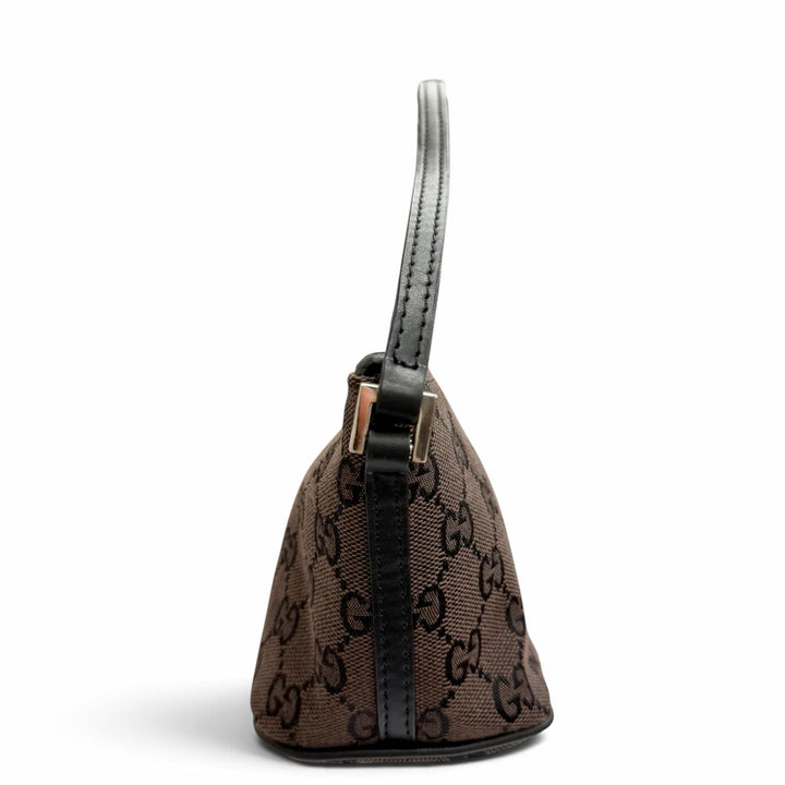 極美品△GUCCI グッチ ヴィンテージ 039 1103 GGキャンバス レザー ロゴプレート アクセサリー ポーチ ダークブラウン シルバー金具 伊製