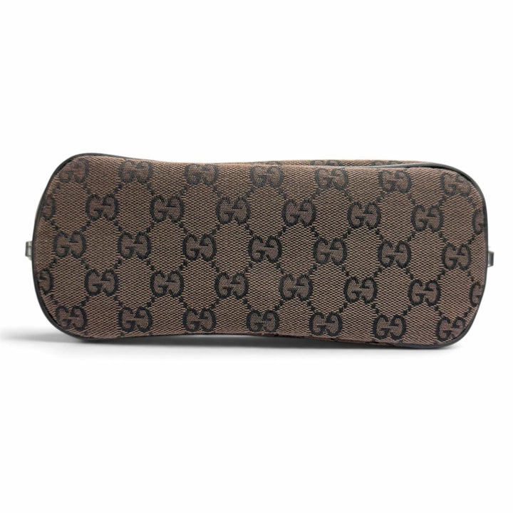 極美品△GUCCI グッチ ヴィンテージ 039 1103 GGキャンバス レザー ロゴプレート アクセサリー ポーチ ダークブラウン シルバー金具 伊製