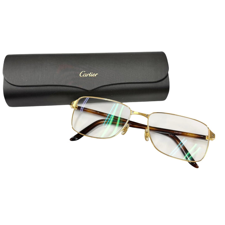 美品□Cartier カルティエ CT0040O-001 べっこう柄 サントス ドゥ カルティエ スクエア メガネ 眼鏡 ゴールド 55□16-140 フランス製