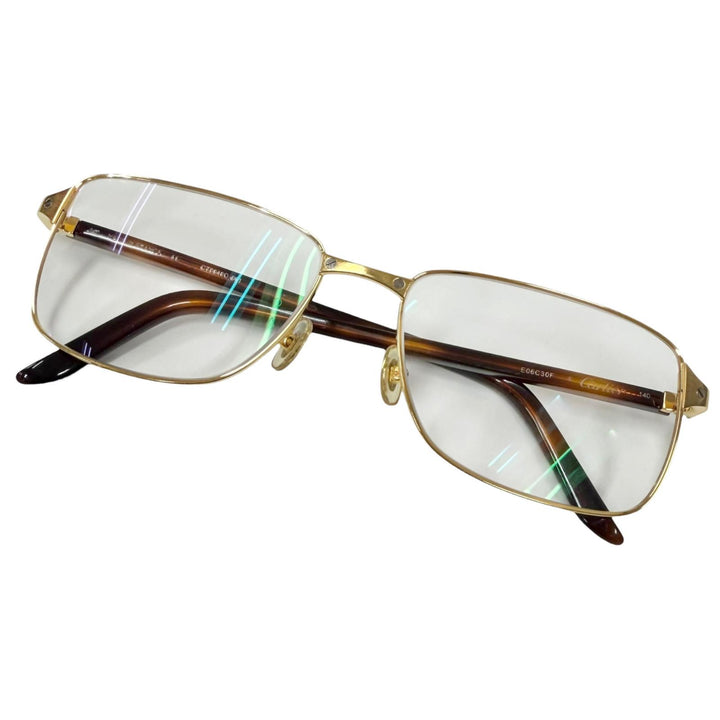美品□Cartier カルティエ CT0040O-001 べっこう柄 サントス ドゥ カルティエ スクエア メガネ 眼鏡 ゴールド 55□16-140 フランス製