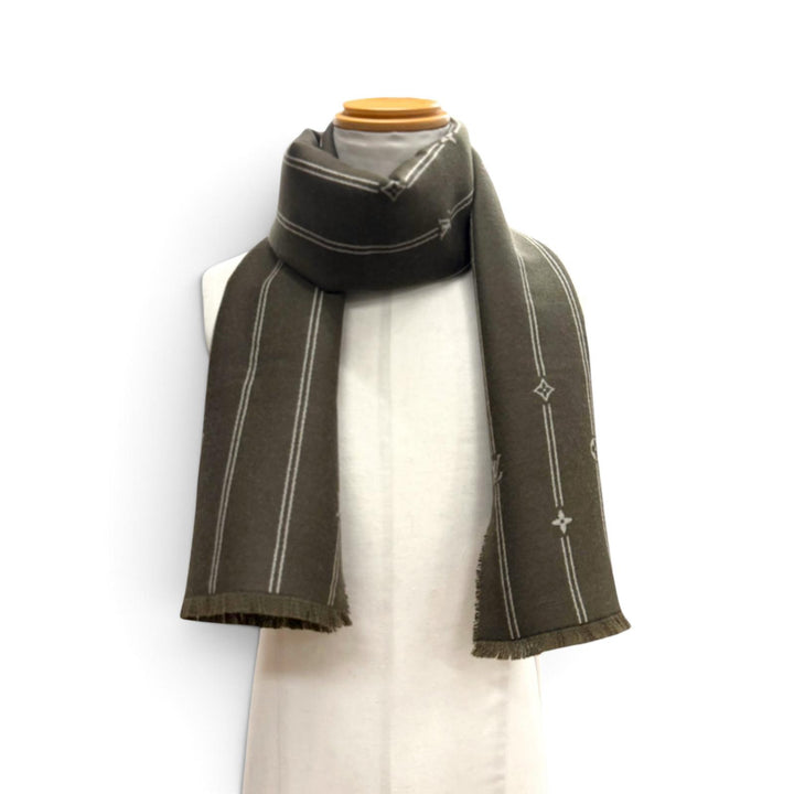 極美品▼LOUIS VUITTON ルイヴィトン 2024年製 M90732 モノグラム ストライプス ウール100% マフラー カーキ イタリア製 正規品 メンズ