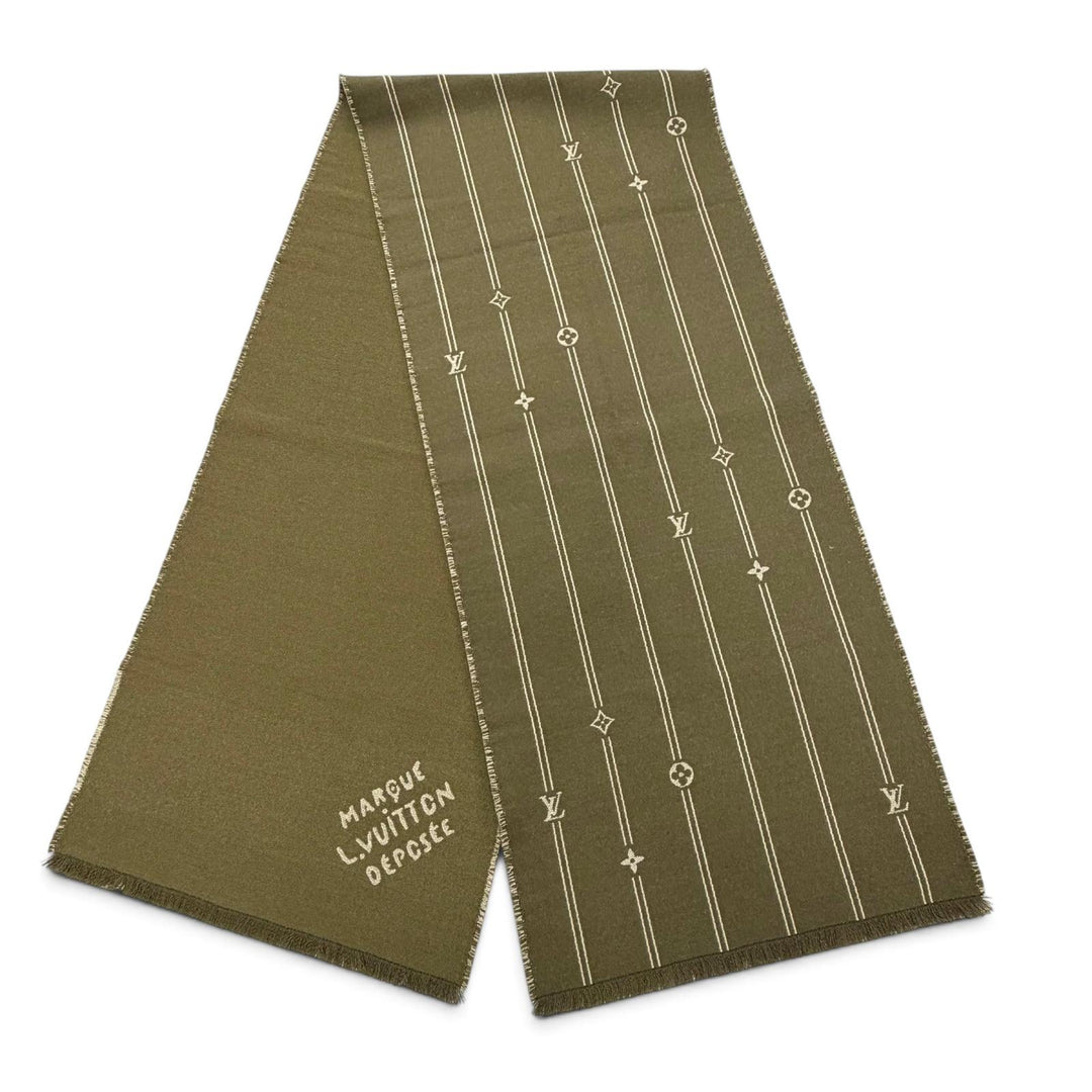 極美品▼LOUIS VUITTON ルイヴィトン 2024年製 M90732 モノグラム ストライプス ウール100% マフラー カーキ イタリア製 正規品 メンズ