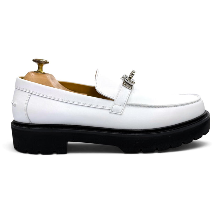 極美品▼HERMES エルメス モカシン アイコン ケリーバックル レザー シルバー金具 Uチップ ローファー ホワイト 43 イタリア製 メンズ