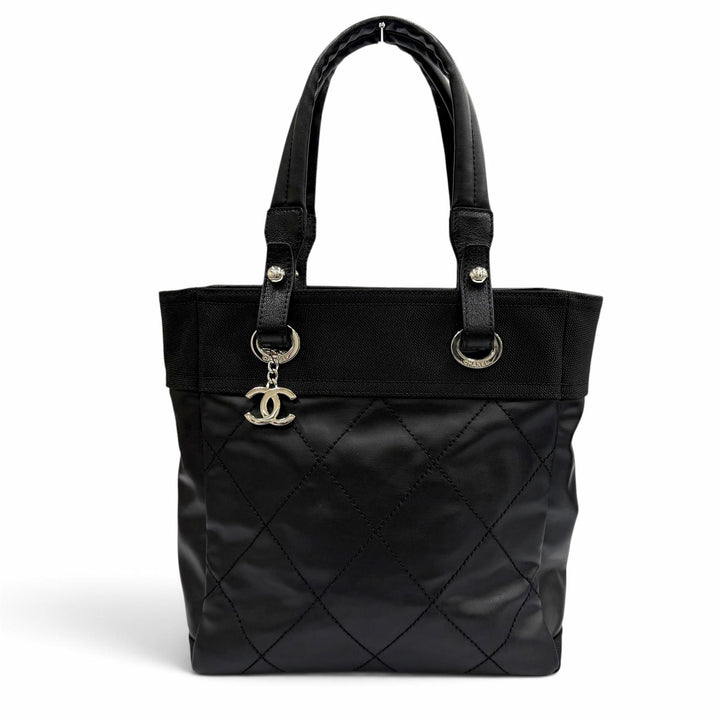 極美品★CHANEL シャネル A34208 パリビアリッツ PM ココマーク レザー使い コーティングキャンバス トートバッグ ブラック 保存袋付き