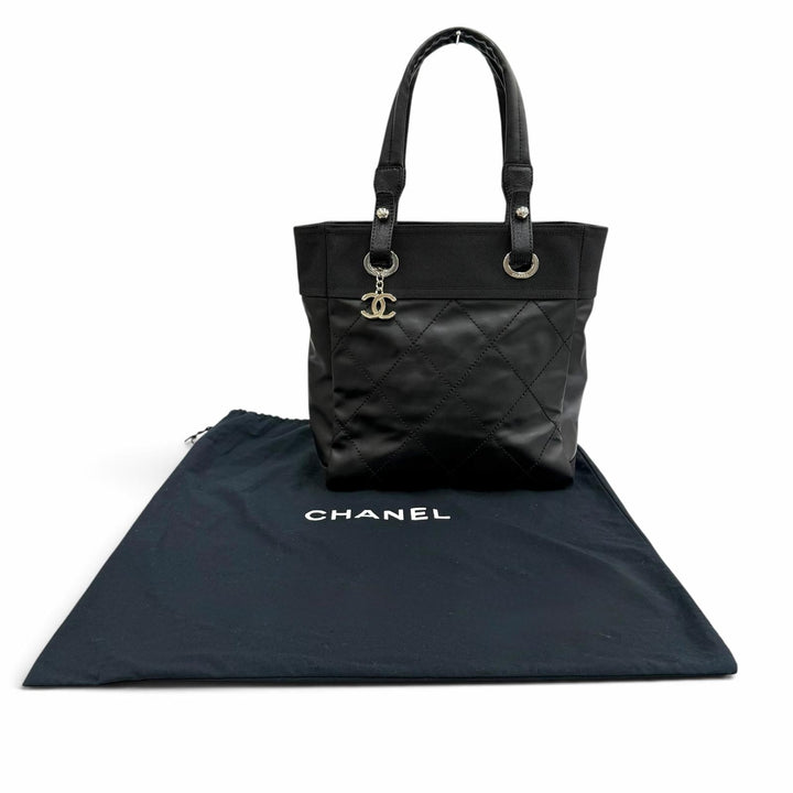 極美品★CHANEL シャネル A34208 パリビアリッツ PM ココマーク レザー使い コーティングキャンバス トートバッグ ブラック 保存袋付き