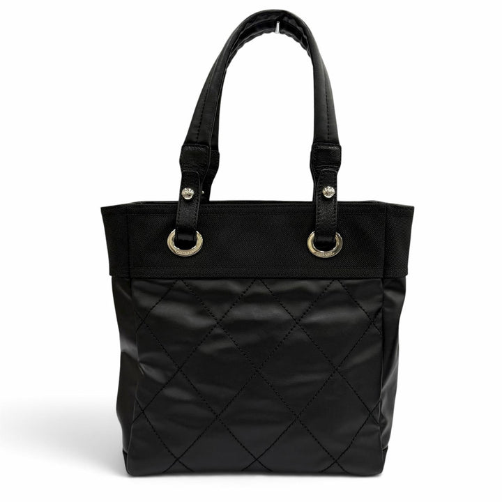 極美品★CHANEL シャネル A34208 パリビアリッツ PM ココマーク レザー使い コーティングキャンバス トートバッグ ブラック 保存袋付き