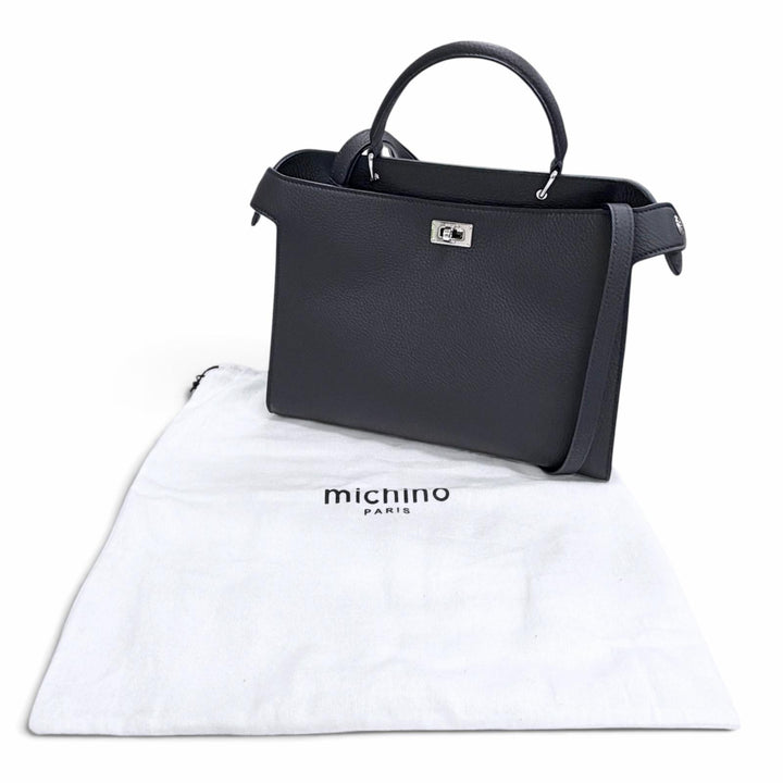 極美品△michino PARIS ミチノ パリ LUTECE PM ルテス スモール レザー 2WAY ハンドバッグ ショルダーバッグ ダークネイビー 伊製 袋付き
