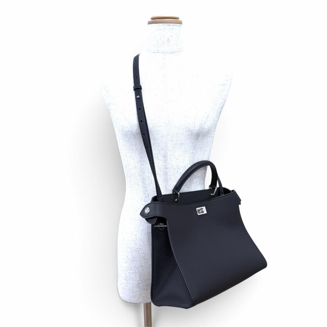 極美品△michino PARIS ミチノ パリ LUTECE PM ルテス スモール レザー 2WAY ハンドバッグ ショルダーバッグ ダークネイビー 伊製 袋付き