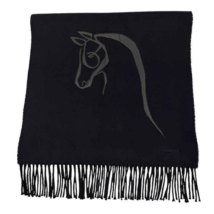 極美品▼HERMES エルメス シュヴァル オ トレ カシミヤ100% 羊革 ラムレザー使い ロゴ刺繍 フリンジ マフラー ネイビー ブラック 正規品