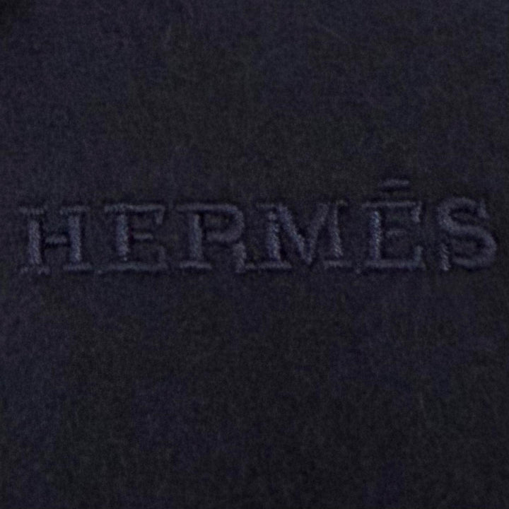極美品▼HERMES エルメス シュヴァル オ トレ カシミヤ100% 羊革 ラムレザー使い ロゴ刺繍 フリンジ マフラー ネイビー ブラック 正規品