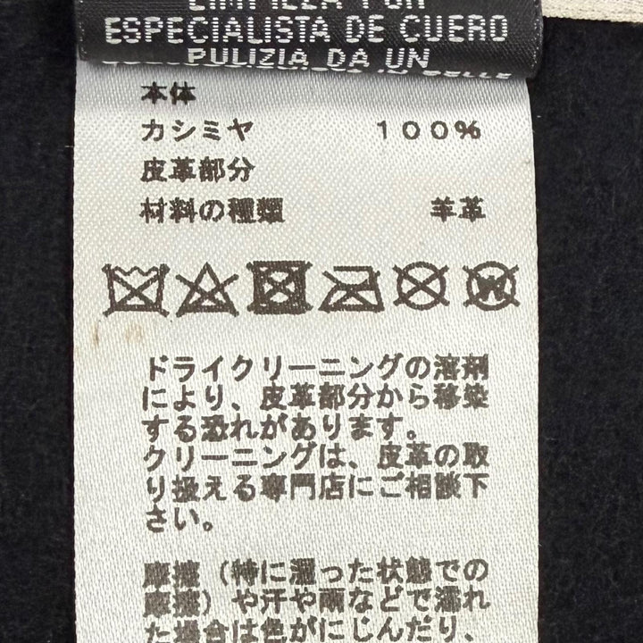 極美品▼HERMES エルメス シュヴァル オ トレ カシミヤ100% 羊革 ラムレザー使い ロゴ刺繍 フリンジ マフラー ネイビー ブラック 正規品