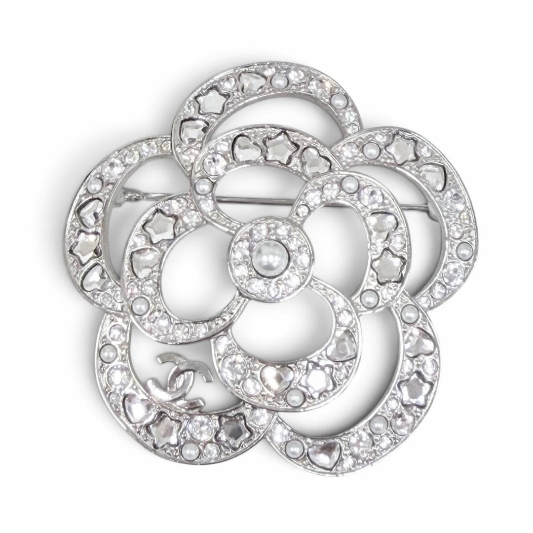 極美品△CHANEL シャネル A25P AB9720 カメリア ココマーク パール ラインストーン ハート スター ブローチ シルバー フランス製 箱付き